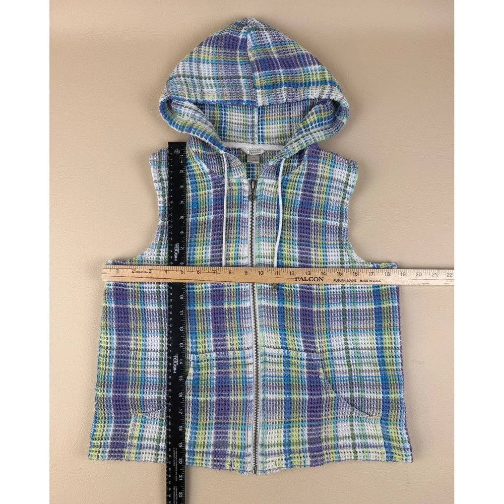 Christopher & Banks M Hooded Vest Plaid Waffle Cotton Blend Zip Up
